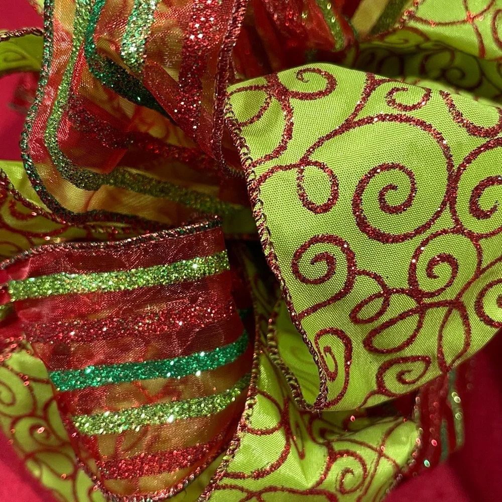 Handmade Christmas Deco Mesh Wreath with Lime Green Swirl Ribbon and Red Berries